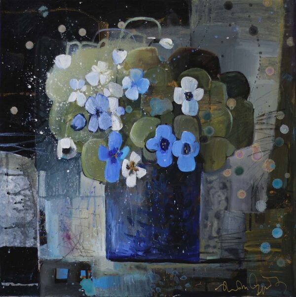 Nino Peradze - 'Blue flowers in a pot' Acrylic on canvas, 50 x 50 cm.