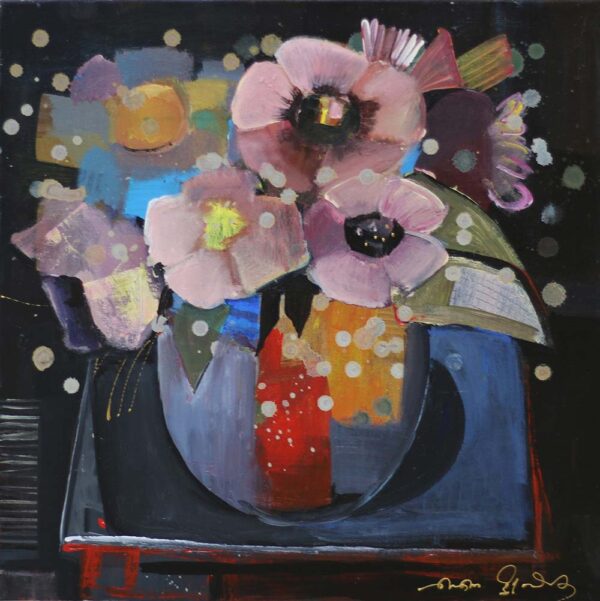 Nino Peradze - 'Pink flowers in a pot' Acrylic on canvas, 50 x 50 cm.